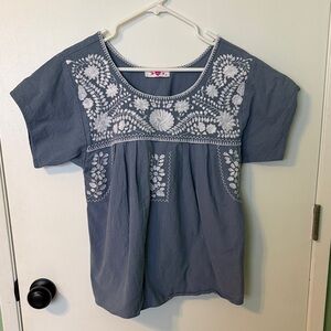 Embroidered Scoop Neck Women’s Top — Slate Blue